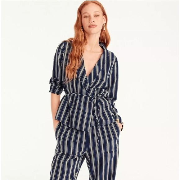 NWOT J.Crew Women Navy Striped Wrap Blazer Sz L Lightweight Career BohoChic $118 - Picture 1 of 14